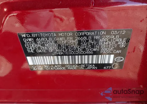 2012 Lexus Es 350 z USA, uszkodzony, nr VIN JTHBK1EG0C2500486